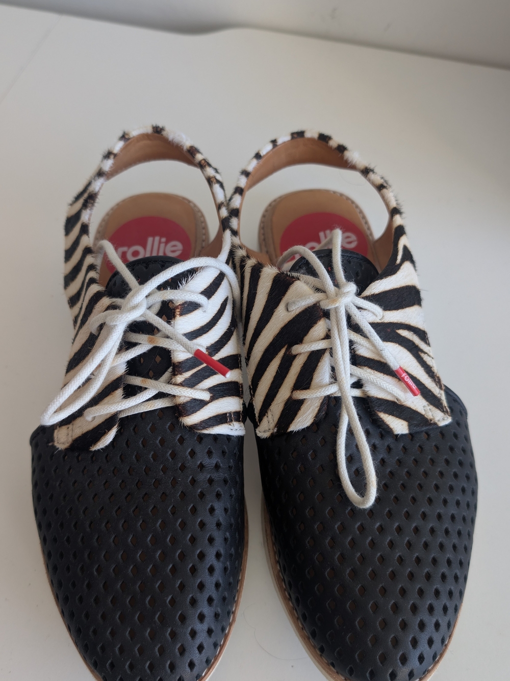2 Pairs Australian Brand Rollie Zebra-Accent Lace-Up Flats in Black and White - Picture 7 of 12